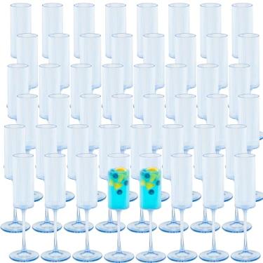Imagem de JLYLOL 48 peças de taças de champanhe de plástico azul de 170 g taças de champanhe com nervuras grandes para brindar taças de plástico de vidro para festas vintage Mimosa Copos de bar elegantes para