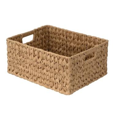 Imagem de JS HANGER Cesta grande de armazenamento de vime de tecido com alça para organizar cesta de vime de plástico impermeável para banheiro, sala de estar, 41 x 32 x 19 cm, natural