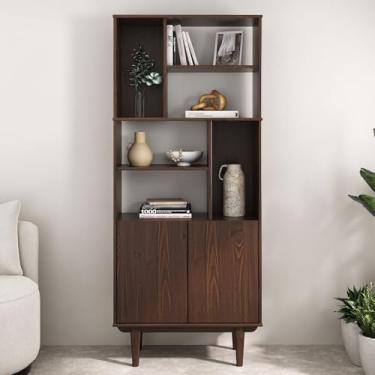Imagem de IDIMEX Estante para Livros Alta em Madeira Maciça cor Imbuia com Nichos Abertos e 2 Portas Simona 80 cm