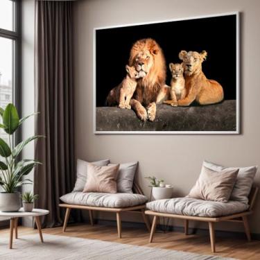 Imagem de Quadro com Moldura Sala Quarto Leão Família Decorativo Horizontal Grande Hall