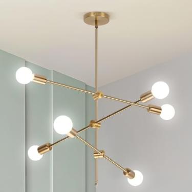 Imagem de lustre Sala de Jantar de 6 Cabeças Dourada, Lustre Pendente de Teto Regulável, Lustre para Sala E27, Luminaria de Teto, Luminária Pendente para Cozinha, Quarto, Sala de Estar (Lâmpada Não Incluída)