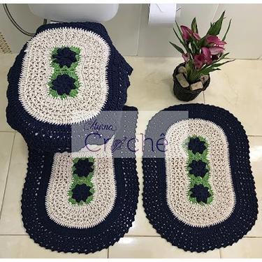 Imagem de Tapete para Banheiro em Crochê Bordado Premium 3 Peças (Azul Marinho)