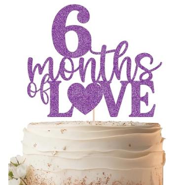 Imagem de EONNCNT Topo de bolo 6 Meses de Amor - Materiais de decoração de bolo de meio aniversário com glitter roxo profundo para chá de bebê, revelação de gênero ou adereços de cabine de fotos de festa de