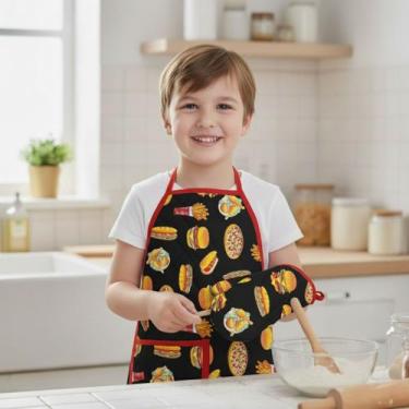 Imagem de Kit Avental Infantil de Cozinha Estampado com Luva Térmica - Mava Enxo