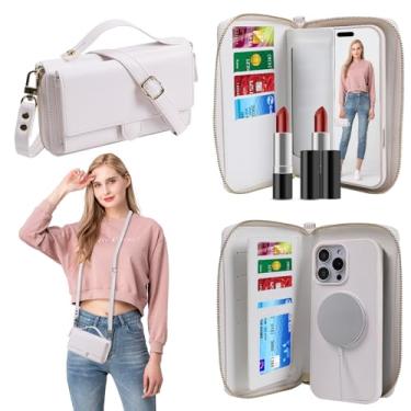 Imagem de Lacass Capa tipo carteira tiracolo removível para iPhone 16e, compatível com MagSafe Magnetic 2 em 1 com bloqueio de RFID, carteira de couro PU, suporte para cartão, zíper espelho de maquiagem (branco