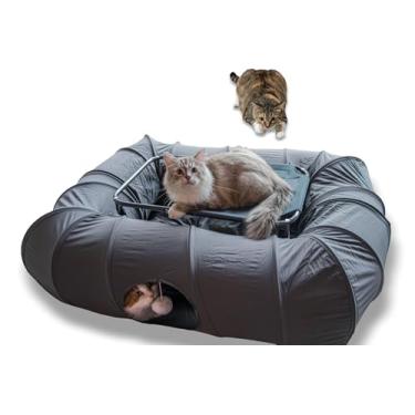 Imagem de XxingSheep Túnel para gatos de 2 níveis e cama de rede 2GG, ônibus de 4 cavernas com elevação para vários gatos, brinquedo cinza escuro
