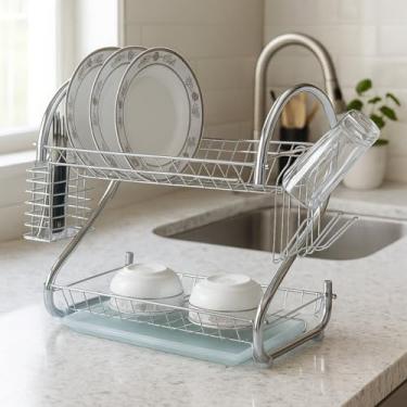 Imagem de Escorredor de Louça Cromado Cozinha 2 Andares Porta Talheres e Copos