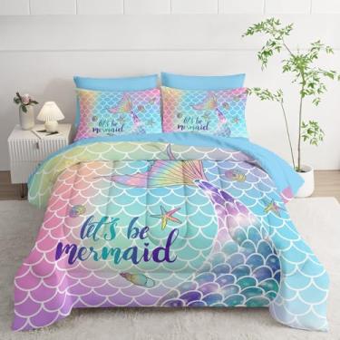 Imagem de Smell Sunshine Jogo de cama com estampa de cauda de sereia, 7 peças, com 1 edredom, 1 lençol de cima, 1 lençol com elástico e 4 fronhas para quarto de meninas, todas as estações (win)