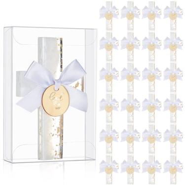 Imagem de Chunful Conjunto de 24 lembrancinhas de batismo de ímã de cruz epóxi para convidados, lembrancinhas de primeira comunhão, ímã de cruz com etiqueta, favor de batismo de batismo azul (ouro amarelo)