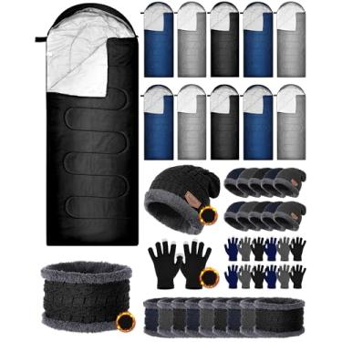 Imagem de Shyyween Conjunto de 10 sacos de dormir para adultos com 10 luvas de chapéu de inverno, lenços a granel, forro de algodão impermeável, saco de dormir, luvas de tela sensível ao toque para mochilão