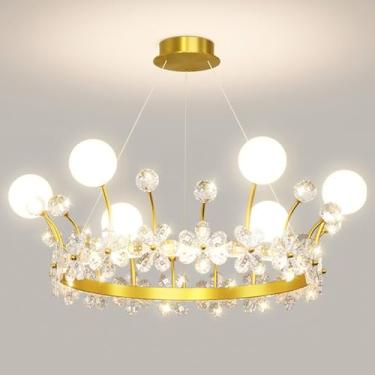 Imagem de Lustre de coroa de princesa de 20" para quarto de meninas Lustre de cristal dourado com flor e vidro leitoso branco Luz pendente de teto LED regulável de meados do século para quarto de cria