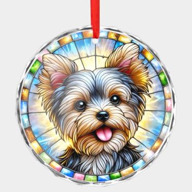 Imagem de Enfeite de Natal de cristal para amantes de cães Yorkshire Terrier, imagem em estilo vitral impresso plano do filhote Yorkie, disco redondo de 7,6 cm (0,6 cm de espessura) com bordas chanfradas