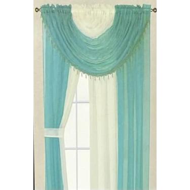 Imagem de YHSF Conjunto de painel de cortina voile transparente para janela completa Laura Collection com 4 painéis anexados 155 x 204 e cortinas com contas e 2 laços - Fácil instalação - Multicolorido (turquesa/bege)