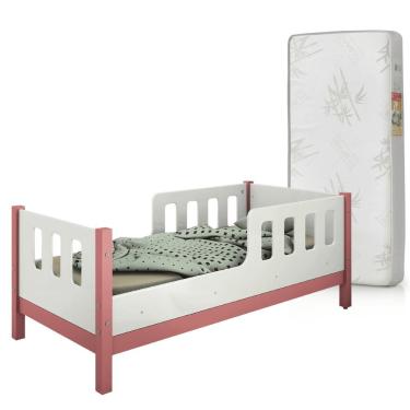 Imagem de Cama Infantil Encanto 100% Mdf Com Grade De Proteção + Colchão 150x70 D18 Inmetro Branco/rosa