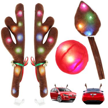 Imagem de KissDate Chifres de rena de Natal para carros com luz, decorações de Natal de carro com cauda de nariz vermelho de rena Rudolph, fantasia de Natal para qualquer decoração de acessórios de carro