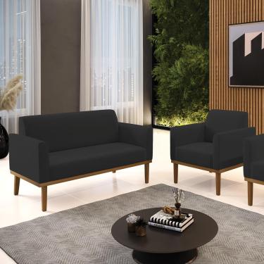 Imagem de Conjunto Poltrona e Namoradeira Decorativas Karen Pés Fixo em Madeira Castanho Veludo Preto G19 - Gran Belo