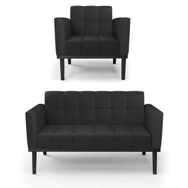 Imagem de Conjunto Poltrona e Namoradeira Decorativa Karen Pés Fixo em Madeira Preto PU Preto G19 - Gran Belo