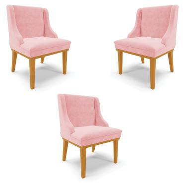 Imagem de Kit 3 Cadeiras Decorativas Sala de Jantar Base Fixa de Madeira Firenze Suede Rosa Bebê/Castanho G19 - Gran Belo