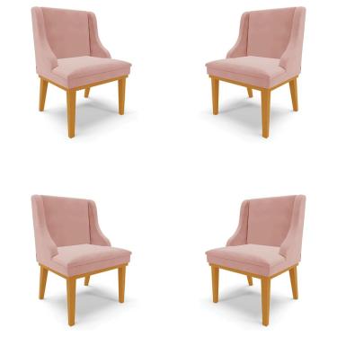 Imagem de Kit 4 Cadeiras Decorativas Sala de Jantar Base Fixa de Madeira Firenze Veludo Rose/Castanho G19 - Gran Belo