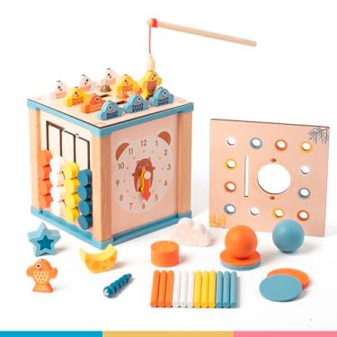 Imagem de Cubo de Atividades Educativo 5 em 1, Madeira, 20 cm, Brinquedo Montessori com Pesca Magnética, Ábaco, Relógio, Formas Geométricas