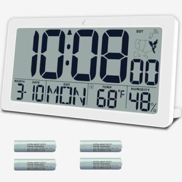 Imagem de Relógio de parede atômico operado por bateria, relógio de mesa digital de 26,7 cm com temperatura e umidade, despertadores de ajuste automático com 57 toques, horário de verão automático, LCD grande