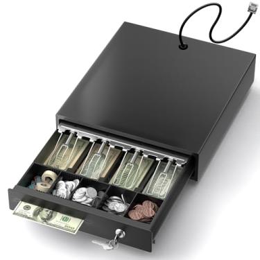 Imagem de PYY Gaveta de dinheiro – Gaveta de caixa registradora eletrônica com 4 notas e 5 compartimentos para moedas com 2 chaves para trava e bandeja de dinheiro removível, gaveta de dinheiro aberta