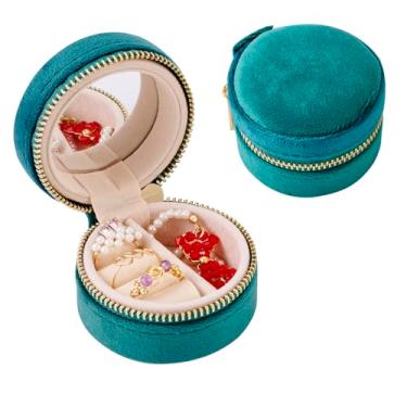 Imagem de Pequena caixa de joias redonda de viagem para mulheres, pequena caixa de armazenamento portátil com espelho para anéis, brincos, colares, pulseira, presente, verde escuro