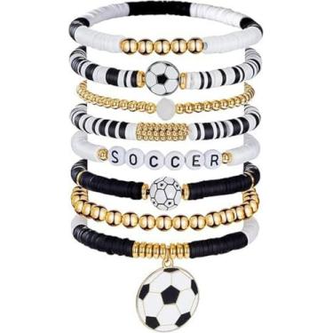 Imagem de KLSKLYL 【Conjunto de 8 peças de pulseiras Super Bowl】 Pulseiras com tema esportivo para dia de jogo – Conjunto de miçangas unissex de futebol, basquete, vôlei e beisebol, One Size, Argila de polímero