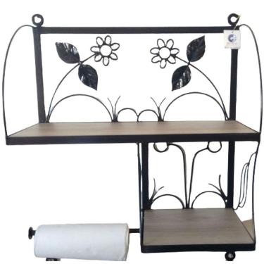 Imagem de Suporte Prateleira Ferro Cor Preta Duplo Cozinha Flores.