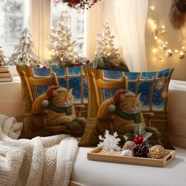 Imagem de HOMETITUTE Conjunto de 2 capas de almofadas decorativas de linho de 45,7 x 45,7 cm, gato aconchegante com chapéu de Papai Noel e cachecol sentado na cadeira de inverno para sofá-cama
