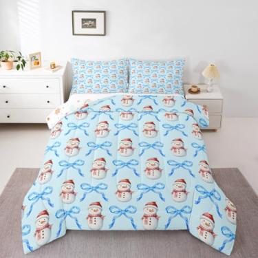 Imagem de Feelyou Conjunto de edredom de Natal azul para crianças, fofo, boneco de neve, para meninos, meninas, adolescentes, kawaii, laço, inverno, férias, edredom para decoração de quarto