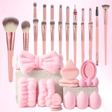 Imagem de Conjunto combinado de 36 peças de 20 pincéis de maquiagem e esponjas de maquiagem, ferramentas de maquiagem, arco de spa e 2 pulseiras para maquiagem diária no rosto (rosa)