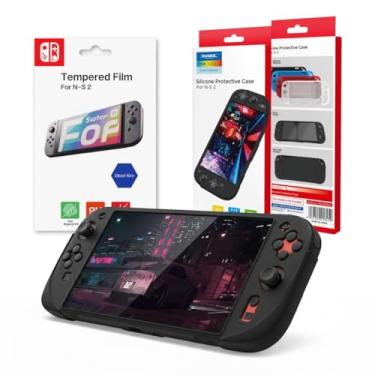 Imagem de Capa de Silicone Case Antiderrapante + Película de Vidro Temperado 9H para Switch 2 (Preto)