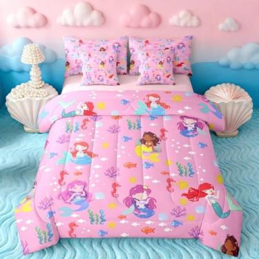 Imagem de Feelyou Conjunto de edredom de princesa sereia, tamanho casal, 7 peças, para crianças, meninos, meninas, oceano marinho, em uma bolsa com edredom, lençóis, fronhas, capas de almofada, decoração de