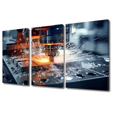Imagem de Arte de parede CNC Fresadora com 3 painéis - Arte em tela de engenharia de corte de metal para oficina decoração de garagem soldagem industrial estilo vintage decoração de parede de casa moderna 91 x