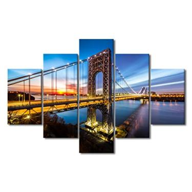 Imagem de Arte em tela, 5 painéis, paisagem urbana, horizonte, ponte de Washington, pintura, pintura, paisagem, impressão em tela para decoração de parede moderna, esticada e emoldurada pronta para pendurar