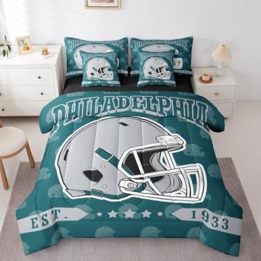 Imagem de Erosebridal Jogo de cama solteiro com estampa de futebol americano, futebol americano, jogo de futebol americano, 7 peças, para crianças e adultos, para esportes de rúgbi, azul-petróleo (Philadelphia)