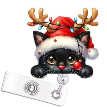 Imagem de Porta-crachá de gato preto, carretel retrátil de Natal com clipe jacaré, cordas leves de gato, chifres de identificação, clipes de acrílico para enfermeiras, estudantes de enfermagem, professores