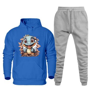 Imagem de Conjunto Plus Size Moletom Masculino Numeraçao Especial Estampa Dinossauro Blusa Canguru e Calça
