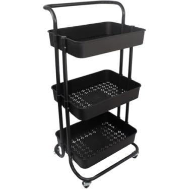 Imagem de Carrinho Organizador Multiuso 3 Prateleiras Com Rodinhas/Estante/Fruteira p Cozinha, Banheiro, Escritório e Salão | Prateleiras Espaçosas, Ganchos Extras e Design Moderno Premium (Preto)