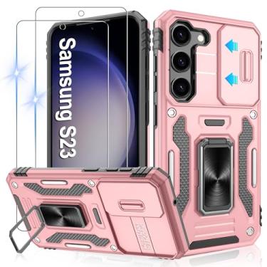 Imagem de Gritup Capa para Samsung Galaxy S23 com 2 protetores de tela HD e capa de câmera deslizante, proteção contra quedas de grau militar de 3 m, suporte de anel magnético, capa protetora para celular, ouro