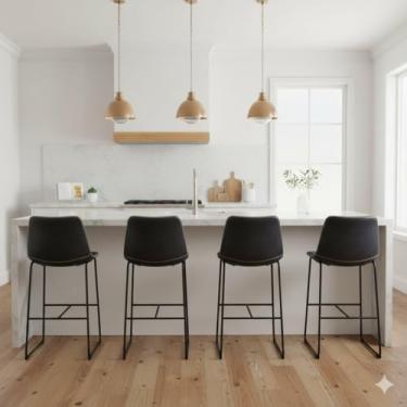 Imagem de Kit c/4 Banquetas Munich Alta em Courino Preto, Design Elegante com Costura em Linho, para Cozinha, Bar, Bancada, Área Gourmet e Bistrô