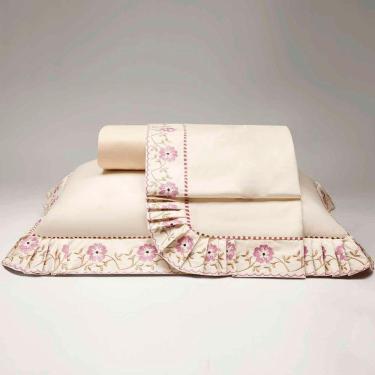 Imagem de Jogo Cama Lençol Yasmin Casal Queen 04 Peças Bordado Algodão 180 Fios - Palha Floral