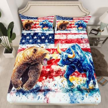 Imagem de Jogo de cama casal urso luta de touro, natureza, animal selvagem, hippie, grafite, aquarela, vermelho, azul, bandeira americana, para quarto de crianças e adolescentes (sem lençol de cima)