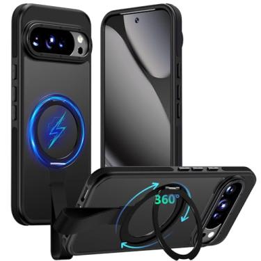 Imagem de TIANNIUKE Capa para Google Pixel 10 Pro XL, suporte magnético giratório de 360° com alça de silicone, adequado para capa de telefone MagSafe Mil-Grade à prova de choque translúcida fosca fosca (preto)