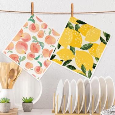 Imagem de 2 peças de panos de prato suecos rosa aquarela pêssegos, primavera verão limão panos de prato suecos para cozinha casa, panos de esponja de celulose super absorventes toalhas de limpeza, toalhas de