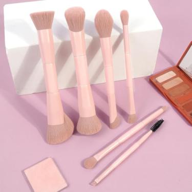 Imagem de Conjunto de pincéis de maquiagem multifuncionais de 7 peças com bolsa de veludo, portátil, para aplicação de base, blush e sombra, cerdas macias (rosa)