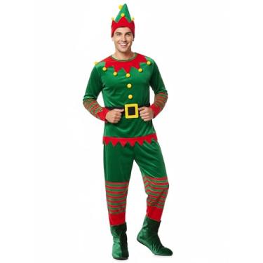 Imagem de Hillban Fantasia masculina de elfo de Natal adulto fantasia de Natal ajudante de Papai Noel cosplay terno com chapéu meias listradas (vermelho, verde e amarelo, grande, clássico)