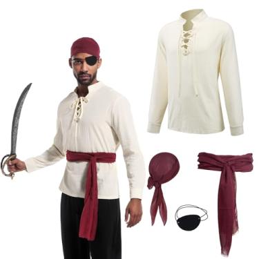 Imagem de 4 peças de fantasia de pirata masculina, camisa de pirata renascentista medieval, bandana, faixa e tapa-olhos para homens, roupa de cosplay de carnaval de Halloween (bege, 2GG)