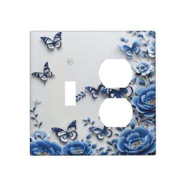 Imagem de Placa de cobertura para interruptor de luz, flores de peônia azul, borboleta, vintage, floral, 2 gangs, placas de interruptor decorativas, 1 conjunto de interruptores duplex, capas de tomada GFCI para